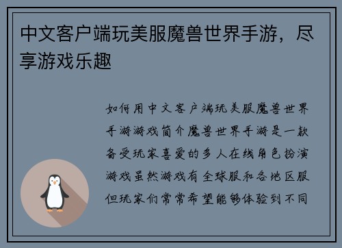 中文客户端玩美服魔兽世界手游，尽享游戏乐趣